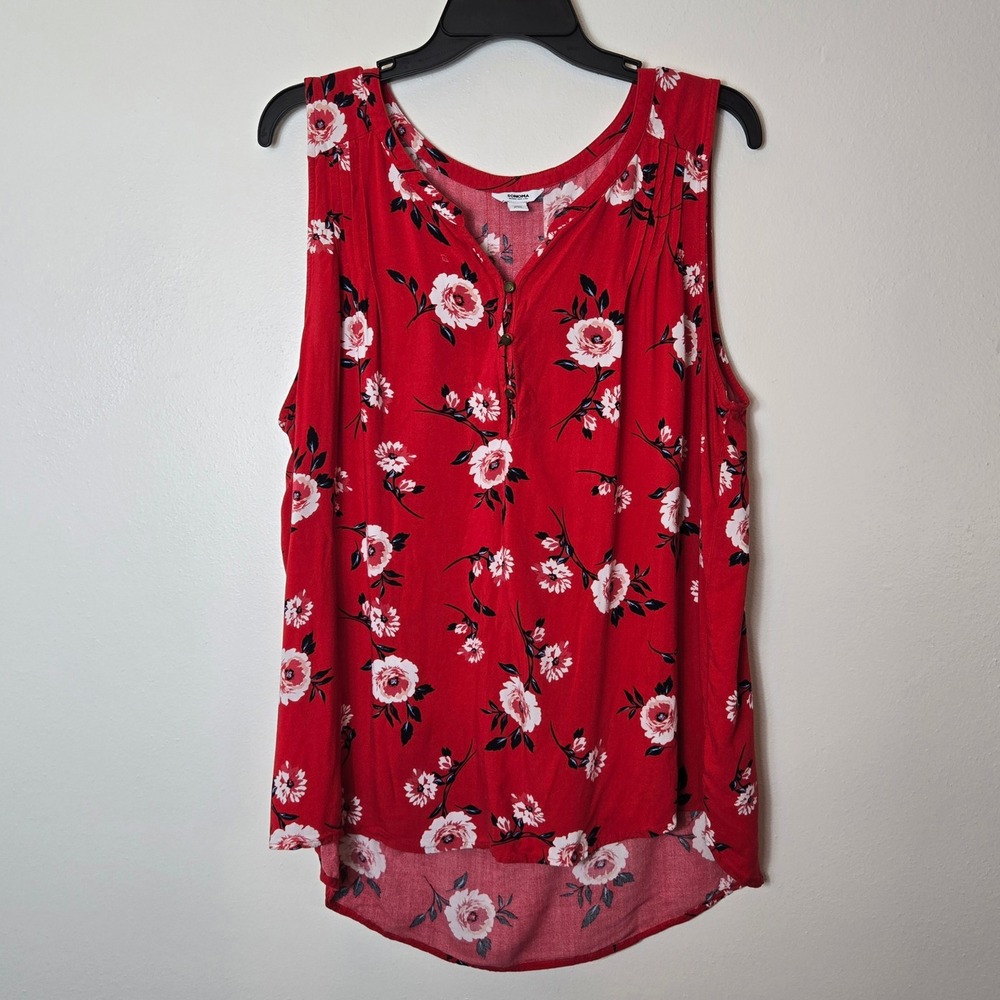 Sonoma Goods For Life Red Floral Sleeveless Henley Blouse XXL‎ High Low Rayon